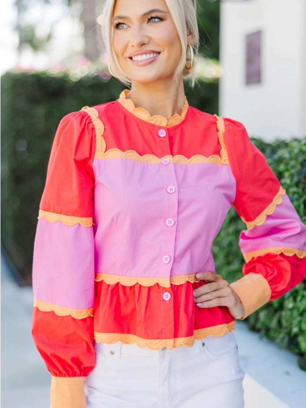 TCEC Colorblock Scallop-Trim Button Front Top - Pink, Red & Yellow